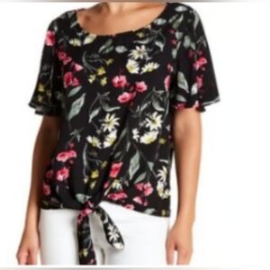 New Socialite Floral Flutter Sleeve Knot Front Blouse XL